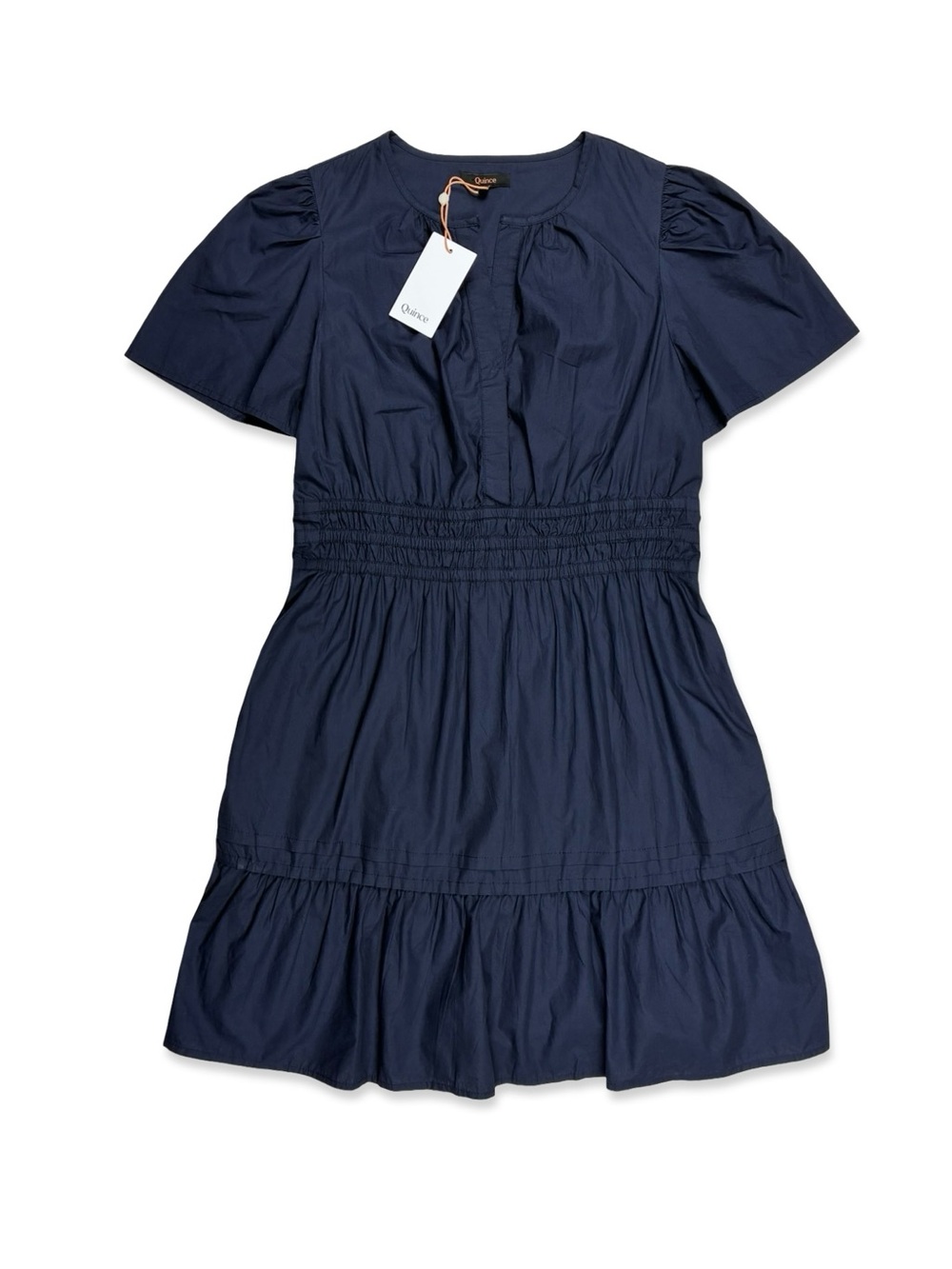 Quince Navy Short Sleeve Tiered Cotton Mini Dress